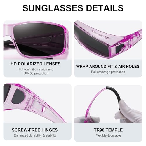 Wzerry Sunglasses Fit Over Glasses Polarized for Men Women, Wrap-Around Glasses UV400 Protection for Driving and Outdoor - color: Transparent Purple/Grey + Transparent Purple/Pink + Transparent Purple/Silver