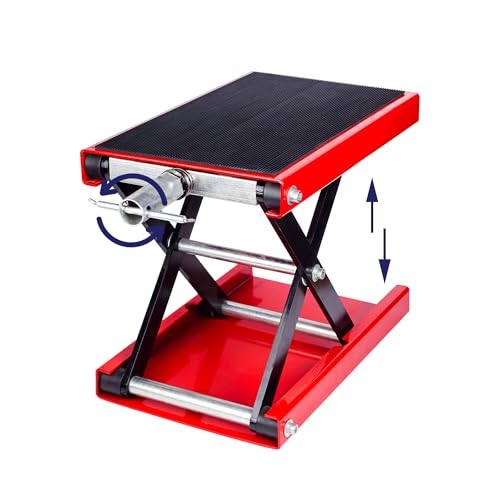 Motorcycle Lift Scissor Jack, Motorbike Jack with 1100lb Capacity Wide Deck Motorcycle Center Stand, Steel Scissor Jack for Street Bikes, Cruiser Bikes, Touring Motorcycles, Red
