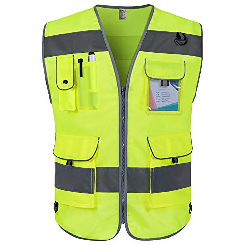 TCCFCCT High Visibility Safety Vest for Men Women 9 Pockets Hi Vis Reflective Vest for Safety, Work Vest with Reflective Strips, Meets ANSI/ISEA Standards, (Yellow, 5X-Large) - color: Yellow Fabric-bison 001, size: 5X-Large