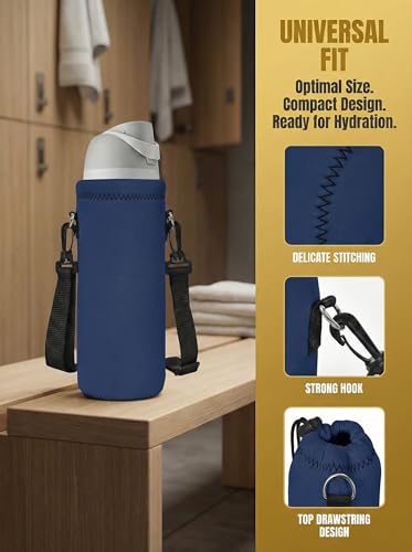 RICHEN Neoprene Water Bottle Carrier Bag with Adjustable Shoulder Strap,Insulated Water Bottle Cover for Stainless Steel/Glass/Plastic Bottles - color: Navy Blue, size: 750ml