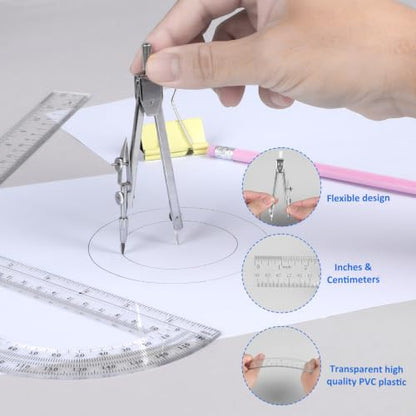Coopay 3 Pcs Plastic 12 Inch Ruler, Clear Protractor and Compasses Set | Clear Ruler, Protractor and Compass set, Geometry, Durable, Drawing, Measuring, Math, Art, Classroom, School, Student - size: 3 Pcs Geometry Math Tool