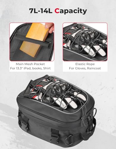 KEMIMOTO Motorcycle Tail Bag, Dual Use Motorcycle Rear Seat Bag with Waterproof Rain Cover, 7-14L Expandable Motorbike Small Bag Luggage Storage Backpack with 6 straps & 1 shoulder strap - size: 7L-14L