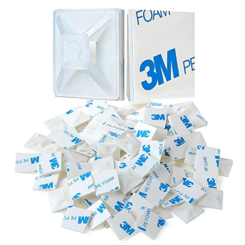 XHF 100 PCS 1.1" White Self Adhesive Cable Zip Tie Mounts Wire Cable Clips Holders Management Anchors Organizer Holders Squares(HS-102) - color: White, size: 1.1"-100pcs