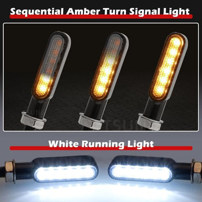 TSUNG Flowing LED Motorcycle Turn Signal Lights Sequential Front Rear Blinkers Indicators Universal Fits for Cruiser Touring Bobber Cafe Racer Street Bikes (Black-White&Amber) - color: Black-White&Amber