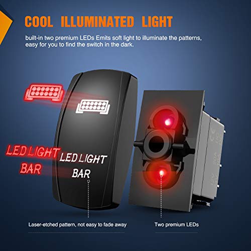 Nilight 90001R LED Light Bar Rocker Switch Red 5Pin Laser On/Off LED Light 20A/12V 10A/24V Switch Jumper Wires Set - color: Red, size: LED LIGHT BAR