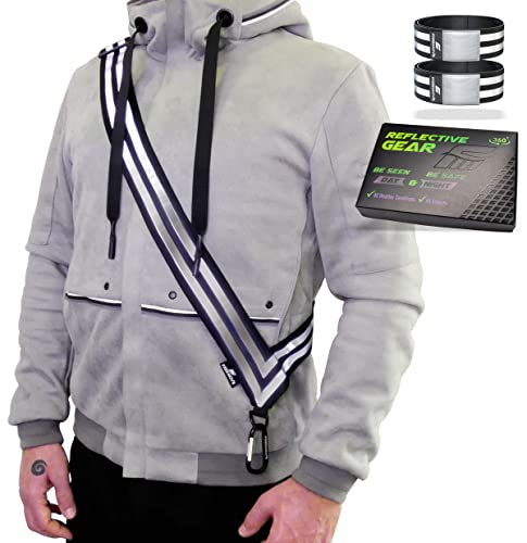 FREEMOVE Reflective SASH with 2 Bands - or - Reflective Runners Waist Belt with 4 Arm Bands > Easy to Put On/Off Reflective Gear for Guaranteed Visibility & Safety for Dog Walking, Running, Cycling - color: Black SASH and BANDS