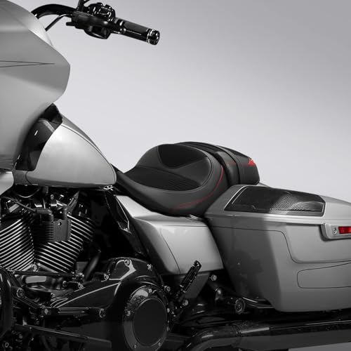 C.C. RIDER Low-Profile Rider&Passenger Seat Fit for Harley Touring 2023-2025 CVO Street Glide FLHXSE CVO Road Glide FLTRXSE 2024-2025 Street Glide FLHX Road Glide FLTRX FLTRXSTSE - size: 08# Black+ Red Stitchs