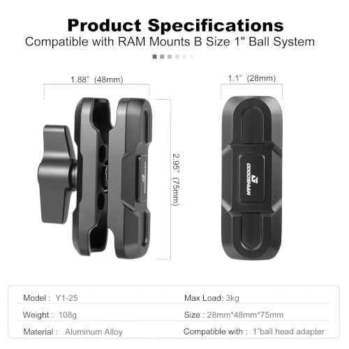 1 Inch Double Socket Arm, Aluminum Alloy Dual Ball Adapter Mount for 25mm Ball Head, Motorcycle Car Phone Action Camera Mount Extension Link