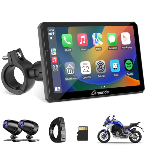 Carpuride W712D Motorcycle Carplay Screen with HD 1080 Dual Dash Cam, Wireless Car Play and Android Auto, 7" Waterproof Rotatable Navigation Touchscreen, Loop Recording, Bluetooth, Wired Controller - style: Carpuride w712d