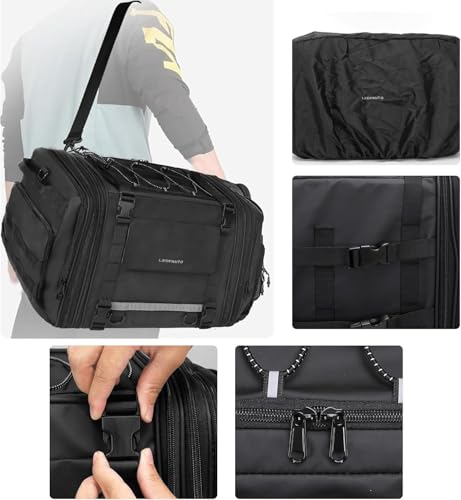 Motorcycle Tail Bag, 32-48L Waterproof Large Capacity Motorcycle Travel Luggage Bag, Rear Seat Bag with Rain Cover and Shoulder Strap, Black