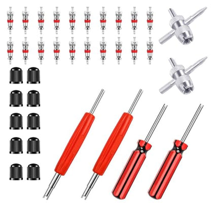 Riseuvo 6Pcs Tire Valve Stem Removal Tool - Single and Double Heads Valve Core Remover, 4-Way Valve Tool Great Tire Repair Tool, 10pcs Valve Stem Caps, 20pcs Valve Stem Core