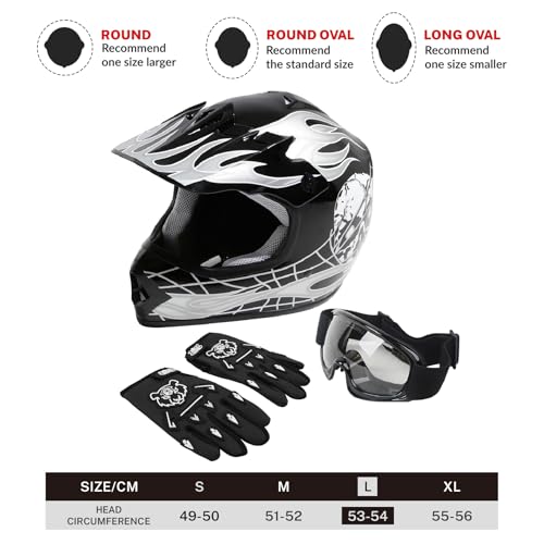 SLMOTO Dot Youth and Kids Motocross Offroad Street Helmet Motorcycle Helmet Dirt Bike Motocross ATV Helmet+Goggles+Gloves, Black, L - color: Black Skull, size: Large