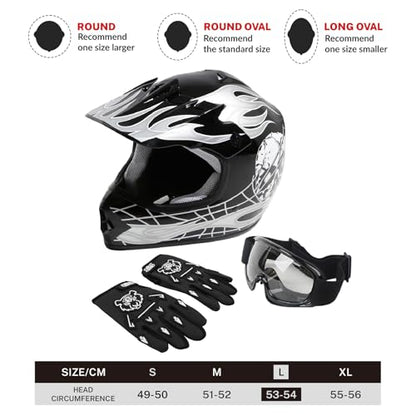 SLMOTO Dot Youth and Kids Motocross Offroad Street Helmet Motorcycle Helmet Dirt Bike Motocross ATV Helmet+Goggles+Gloves, Black, L - color: Black Skull, size: Large