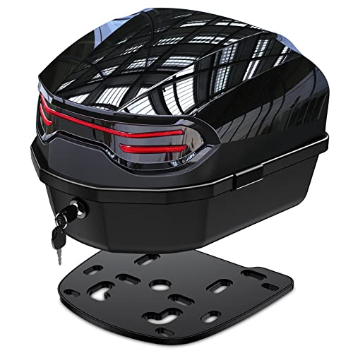 35L Motorcycle Top Case, Motorcycle Daily Tail Box Trunk Lockable Storage Carrier Plastic Case with Soft Backrest Universal Mounting for Helmet Luggage, Waterproof Motorcycle Top Box - Black