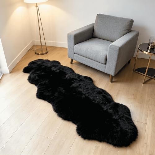 Fluffy Patchwork Sheepskin Rug with Little Patches-Fuzzy Shaggy Fur Genuine Wool Area Carpet for Bedroom Living Room Floor, Pray Pup Mat, Chair Sofa Seat Cover Black 2' x 6' - color: Black, size: 2' x 6' ((Double Pelt) Patchwork)