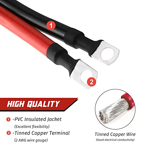 2 AWG Battery Cable 2 AWG Gauge Pure Copper Battery Inverter Cables with 5/16 in Lugs Both Ends Power Inverter Wire Set for Automotive Solar Marine Boat RV Car Motorcycle Red and Black (3FT) - size: 3 ft