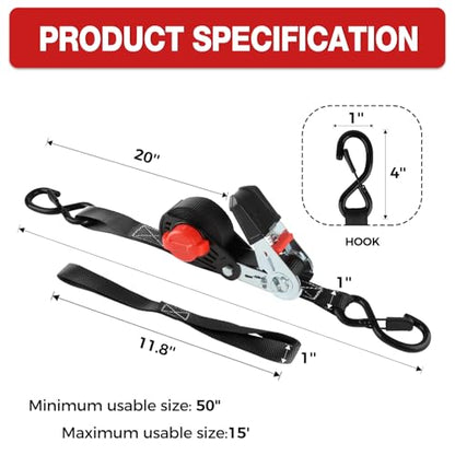 NeatStrap Ratchet Strap with Safety Lock Chromoly S Hooks-1,500lbs Break Strength-Motorcycle, Kayak Ratcheting Straps 1" x 15' Soft Loop Tie-Downs for Pickup Bed,Moving Truck,Trailer(4PK) - color: Black