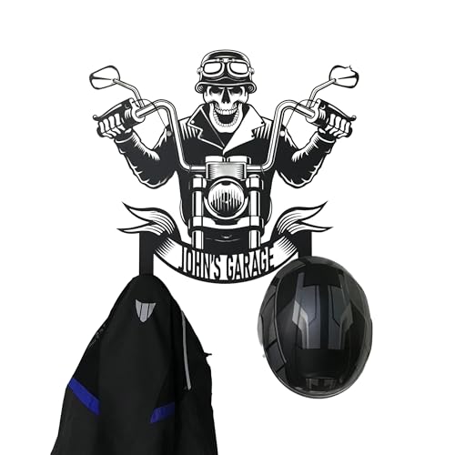 Custom Metal Skull Garage Wall Hanger – Personalized “Your Name Garage” Helmet and Jacket Rack – Handmade Laser Cut Black Steel Wall Art for Motorcycle Lovers Gift (52X59cm/20X23 Inches) - size: 52X59cm/20X23 Inches