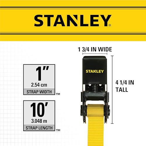 STANLEY S9500 Black/Yellow 1" x 10' Ratchet Straps - Light Cargo (300 lb Working Load / 900 lb Break Strength),4 Count (Pack of 6) - size: 1" x 10' (Pack of 6)