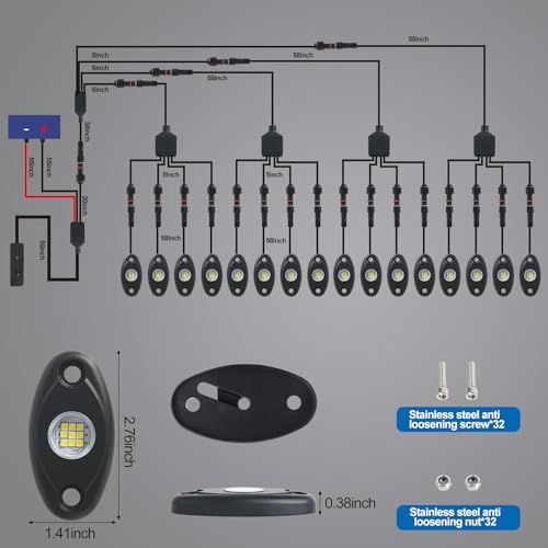 24pods White Rock Lights kit Dc 12v-80v 6000k Aluminum Pure White Led Rock Lights with Switch Wiring Harness Kit Ip68 Waterproof for Trucks Pickup Offroad Car SUV Utv ATV Rv Fends Underglow Lights - color: White-24Pcs + Switch Wiring Harness