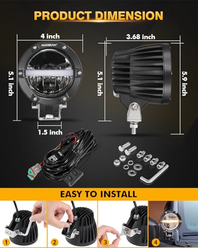 Auxbeam 4In LED Offroad Lights 2PCS, 110W Round LED Pods Auxiliary Driving Light with Amber DRL Design, Super Bright Light Bar Round Fog Light Wiring Harness for Truck Pickup SUV ATV UTV 4x4 - color: White Beam with DRL