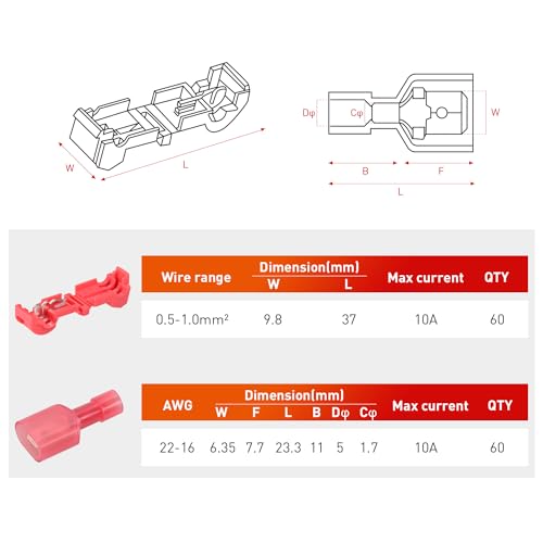 Nilight 120PCS/60 Pairs Quick Splice Disconnect Wire Terminals T-Tap Spade Connectors Red 22-16 AWG Male Female Fully Insulated Electrical Wire Crimp Self-Stripping Kit - size: 120Pcs 22-16AWG