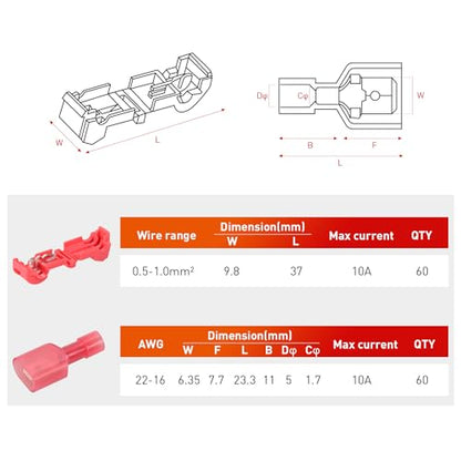 Nilight 120PCS/60 Pairs Quick Splice Disconnect Wire Terminals T-Tap Spade Connectors Red 22-16 AWG Male Female Fully Insulated Electrical Wire Crimp Self-Stripping Kit - size: 120Pcs 22-16AWG
