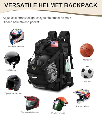 Motorcycle Cycling Helmet Backpack, Large Capacity Waterproof Helmet Holder, Storage Bag Hiking Backpack - color: Black-flag