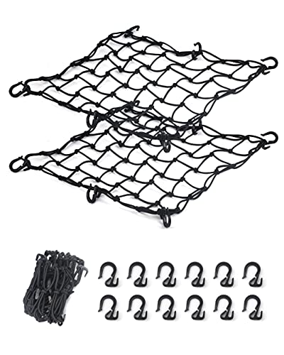 2 Pack Black Cargo Nets, Heavy Duty Latex 17"X17" Bungee Net Stretches to 34"x34", Gear Helmet Luggage Net with Tight 2.3"x2.3" Mesh & 12 Adjustable Plastic Hooks for Motorcycle, Bike, ATV - size: 17x17 Upgrade - 2 Pcs