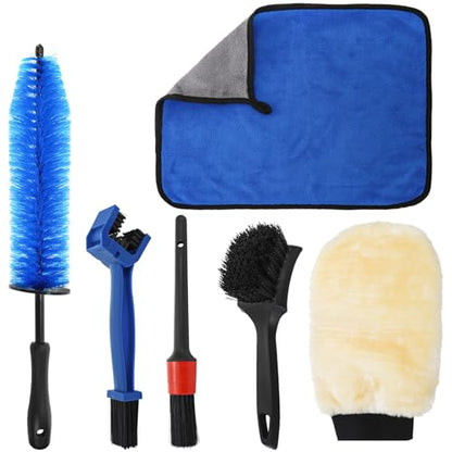Set of 6 Motorcycle Cleaning Brush Kit, Motorcycle Detailing Wash Kit, Include Easy Reach Brush, Chain, Stiff Tire, Detailing Brush, Wool Wash Mitt, Microfiber Towel for Motorcycle, Bicycle
