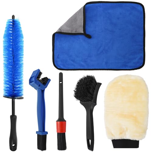Set of 6 Motorcycle Cleaning Brush Kit, Motorcycle Detailing Wash Kit, Include Easy Reach Brush, Chain, Stiff Tire, Detailing Brush, Wool Wash Mitt, Microfiber Towel for Motorcycle, Bicycle