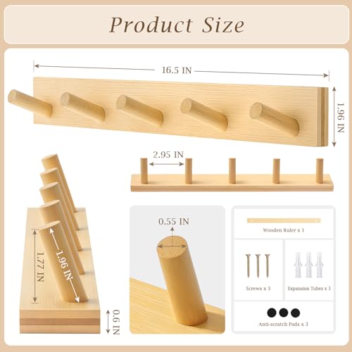 Coat Rack Wall Mount, Wooden Coat Hanger with 5 Hooks, Heavy Duty, Natural, 1 Pcs - color: Natural