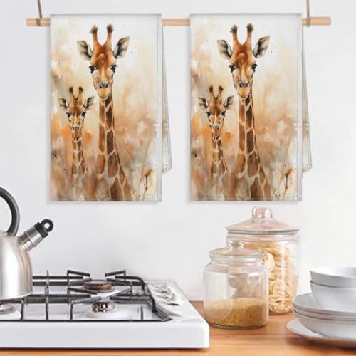 Watercolor Giraffe Kitchen Towels Set of 2 Absorbent Drying Dish Towels for Home and Bathroom - color: Brown