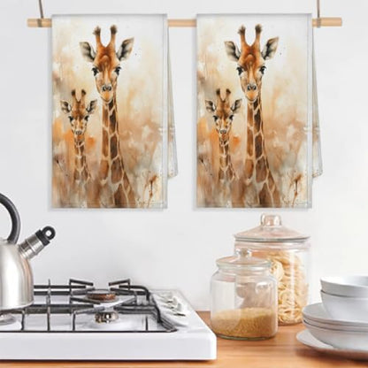 Watercolor Giraffe Kitchen Towels Set of 2 Absorbent Drying Dish Towels for Home and Bathroom - color: Brown