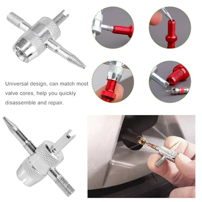 4-Way Valve Core Tool Tire Valve Tools, 4-in-1 Automobile Tire Valve Stem Core Remover Installer, Multifunctional Tyre Valves Repair Wrench Removal Tool for Car Bicycle Bike