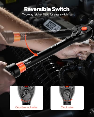VEVOR 26Pcs Torque Wrench Set, 3/8 Inch Drive, 3.7-44.3FT.LB(5-60Nm), 72-Tooth Click Torque Wrench with Hex/Torx/Spark Plug Sockets, Extension Bars, 1/4 Adapter, for Bicycle Motorcycle Maintenance - size: 25PCS(3.7-44.3FT.LB), style: 3/8-inch