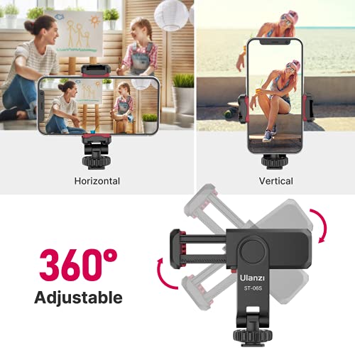 ULANZI ST-06S Phone Tripod Mount, Universal Smartphone Mount Adapter with 2 Cold Shoe, 360° Rotates Adjustable Cell Phone Clip Clamp Holder, Compatible with iPhone 17/16/15, Samsung Galaxy Cell Phones