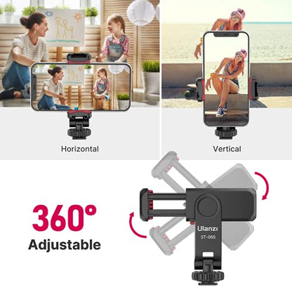 ULANZI ST-06S Phone Tripod Mount, Universal Smartphone Mount Adapter with 2 Cold Shoe, 360° Rotates Adjustable Cell Phone Clip Clamp Holder, Compatible with iPhone 17/16/15, Samsung Galaxy Cell Phones