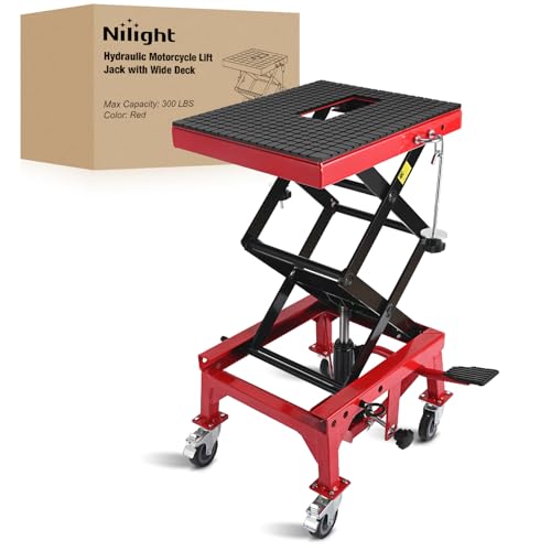 Nilight Motorcycle Lift Table Jack 300 LBS Heavy Duty Hydraulic Motorcycle Scissor Jack Lifts Table Foot Pedal with 4 Caster Wheels Wide Deck for Motorbike Dirt Bike ATV Garage Repair Tool, Red - color: Red Hydraulic Lift Table