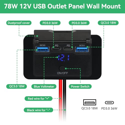 2 Pack 78W 12V USB Outlet Panel Wall Mount with Blue Voltmeter Dual 36W PD & Dual 18W QC3.0 Car USB Port Lightweight 12V USB Charger with ON/Off Switch - size: Pack of 2 with 4 Port / 78W