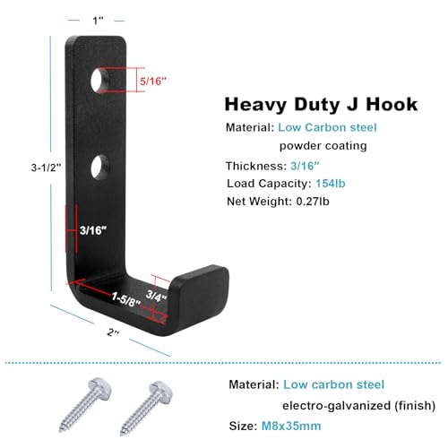 4 Pack 1-5/8" Heavy Duty Steel J Hook, Wall Mount Utility Hook for Garage Hanging, Black, 154 lbs Capacity - size: 1-5/8 Inch