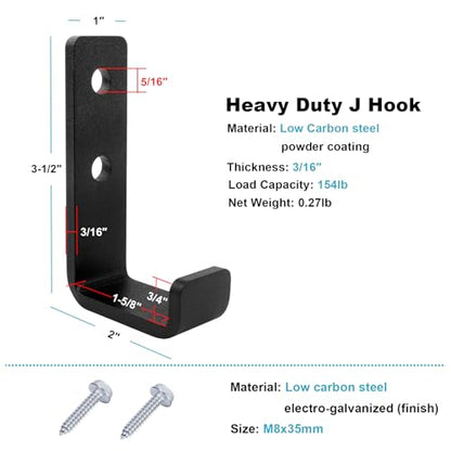4 Pack 1-5/8" Heavy Duty Steel J Hook, Wall Mount Utility Hook for Garage Hanging, Black, 154 lbs Capacity - size: 1-5/8 Inch