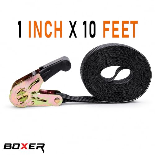 BoxerTool BXR Black Strap Down Ratcheting Securing Straps 1" x10', Track Spring Fittings, Tie-Down Motorcycles, Trailer Loads, Kayak, Rubber Handle Ratcheting Strap - size: 1"x10' - 2pcs