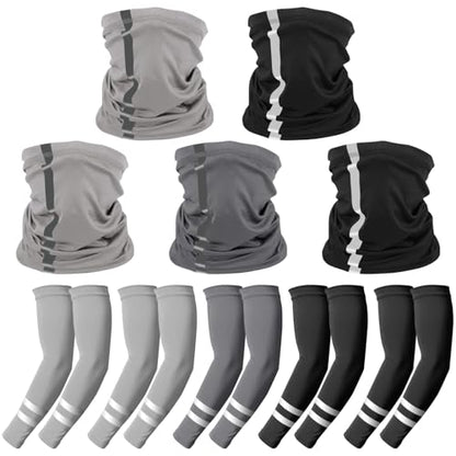 10 PCS UV Protection Reflective Strap Arm Sleeves and Neck Gaiter Reflective Safety Bandana for Outdoor Activities - color: Light Grey + Dark Grey + Black