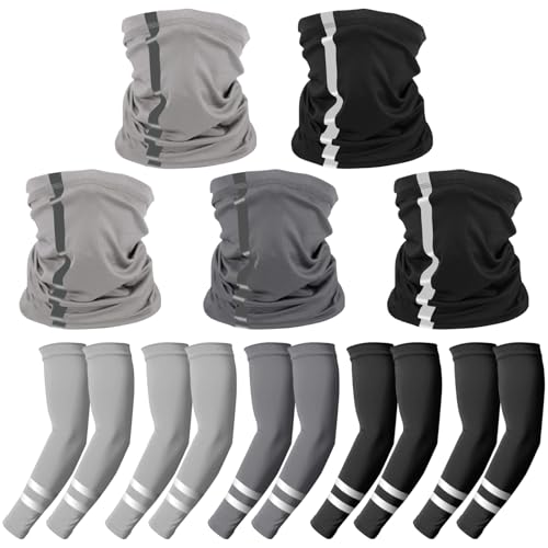10 PCS UV Protection Reflective Strap Arm Sleeves and Neck Gaiter Reflective Safety Bandana for Outdoor Activities - color: Light Grey + Dark Grey + Black