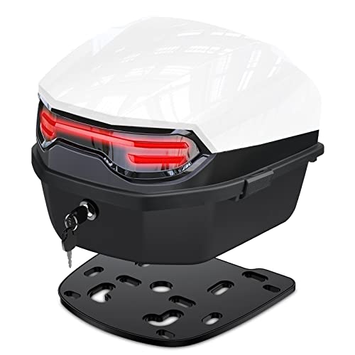 35L Motorcycle Top Case, Motorcycle Daily Tail Box Trunk Lockable Storage Carrier Plastic Case with Soft Backrest Universal Mounting for Helmet Luggage, Waterproof Motor Top Box - White