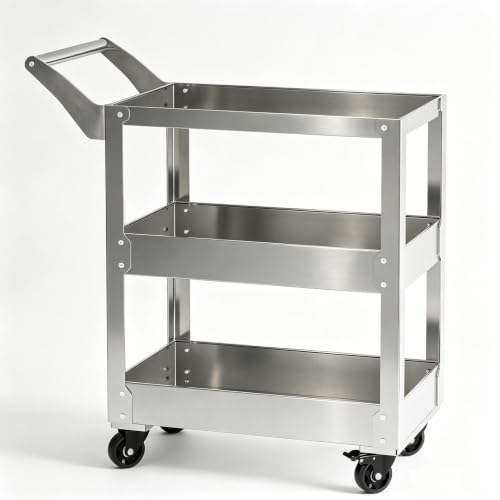 3-Tier Stainless Steel Utility Cart - 15.3” D X 27.7” W x 36.6” H,1100 lbs Heavy Duty Service Cart with Wheels for Mechanics, Garage & Repair Tool Storage.