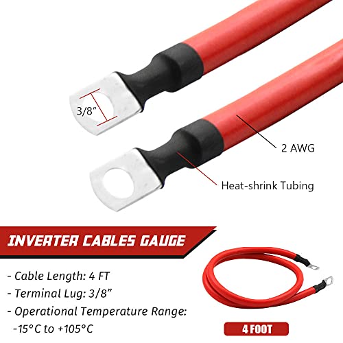 2AWG Battery Cables - 3/8 in Lugs Set with Terminals (2pcs Red + Black) for Car, Marine, Solar, ATV - Oxygen-Free (4ft) - size: 4 ft