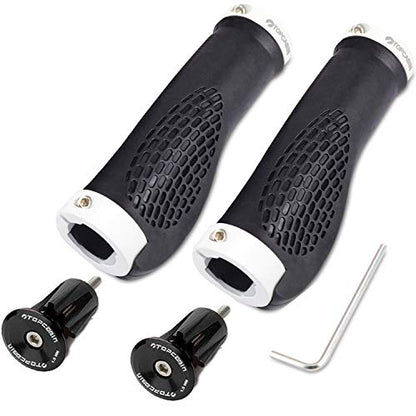 TOPCABIN Ergonomic Bike Grips - Widen Holding Rubber Grips with Aluminum LockGrips for Mountain & Road Bikes - color: (Aluminum lock plug+Grips) White 1 Pair