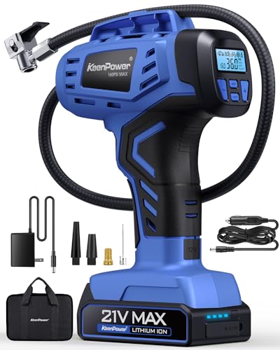 KeenPower Smart Cordless Tire Inflator Portable Air Compressor Rechargeable 21V Battery Powered 160PSI Handheld Air Pump w/4+N Smart Modes & Dual Power & Digital Pressure Gauge for Cars Motorcycles